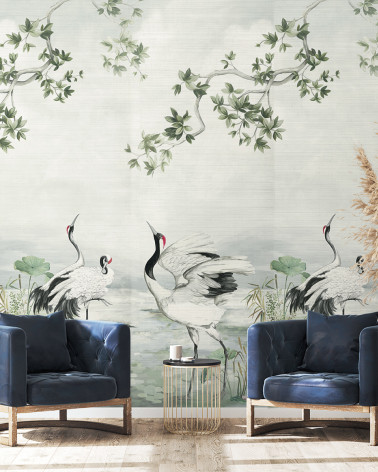 Murales Crane Grasscloth Mural de Wallquest estilo Pájaros