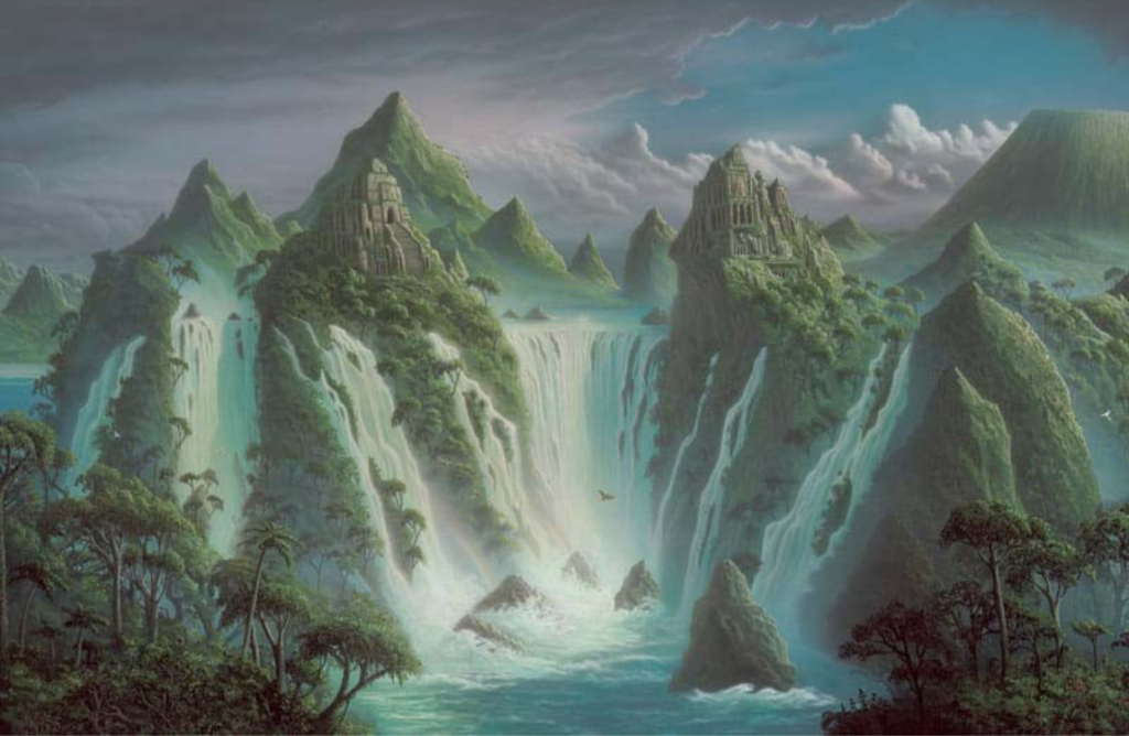 paisaje con cataratas y montaña mural de pared